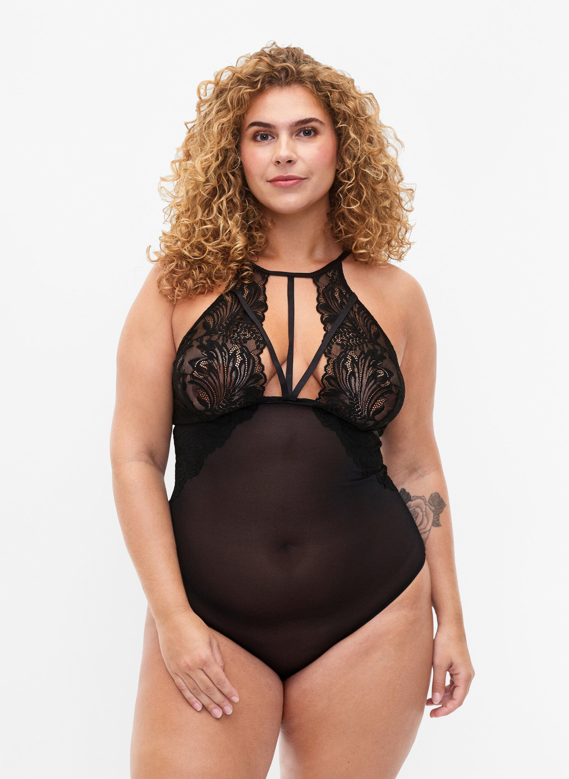 Zizzi Body dos nu avec dentelle et cordons, Black, Model image number 0