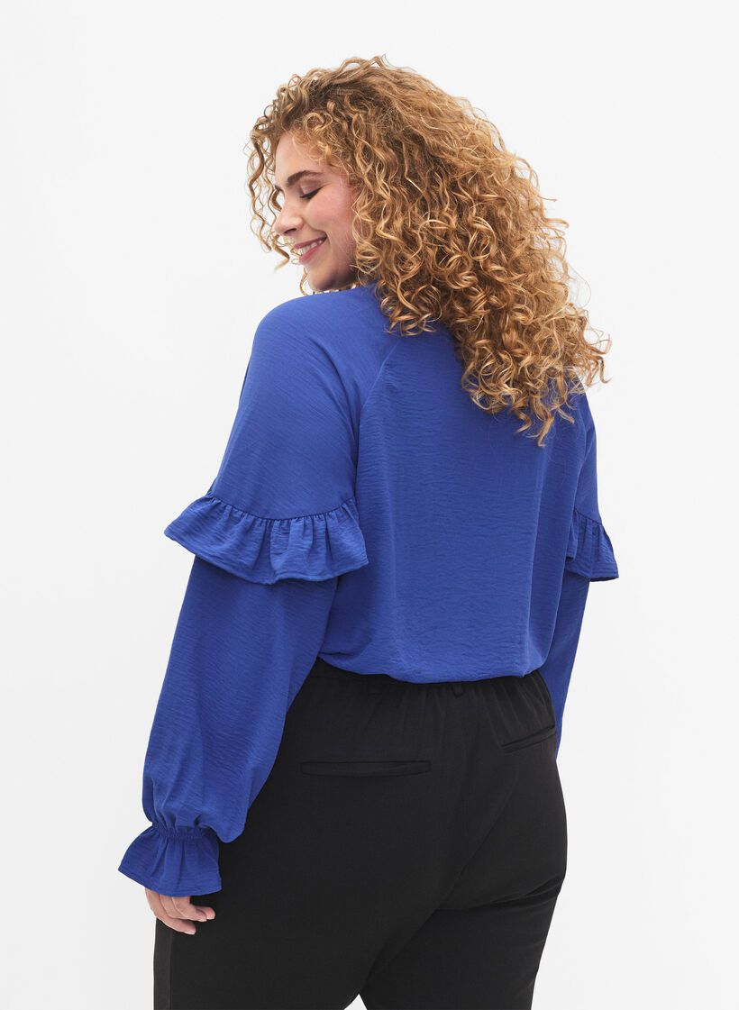 Blouse avec volants et boutons, Deep Ultramarine, Model image number 1