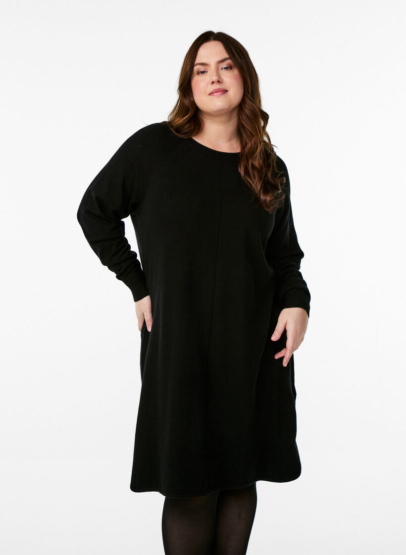 Robe en maille avec un col rond et un motif tricoté, Black, Model image number 0
