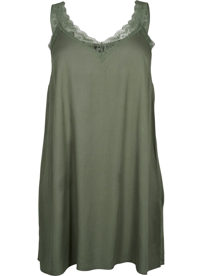 Robe à bretelles en viscose ornée de dentelle, Thyme, Packshot image number 0