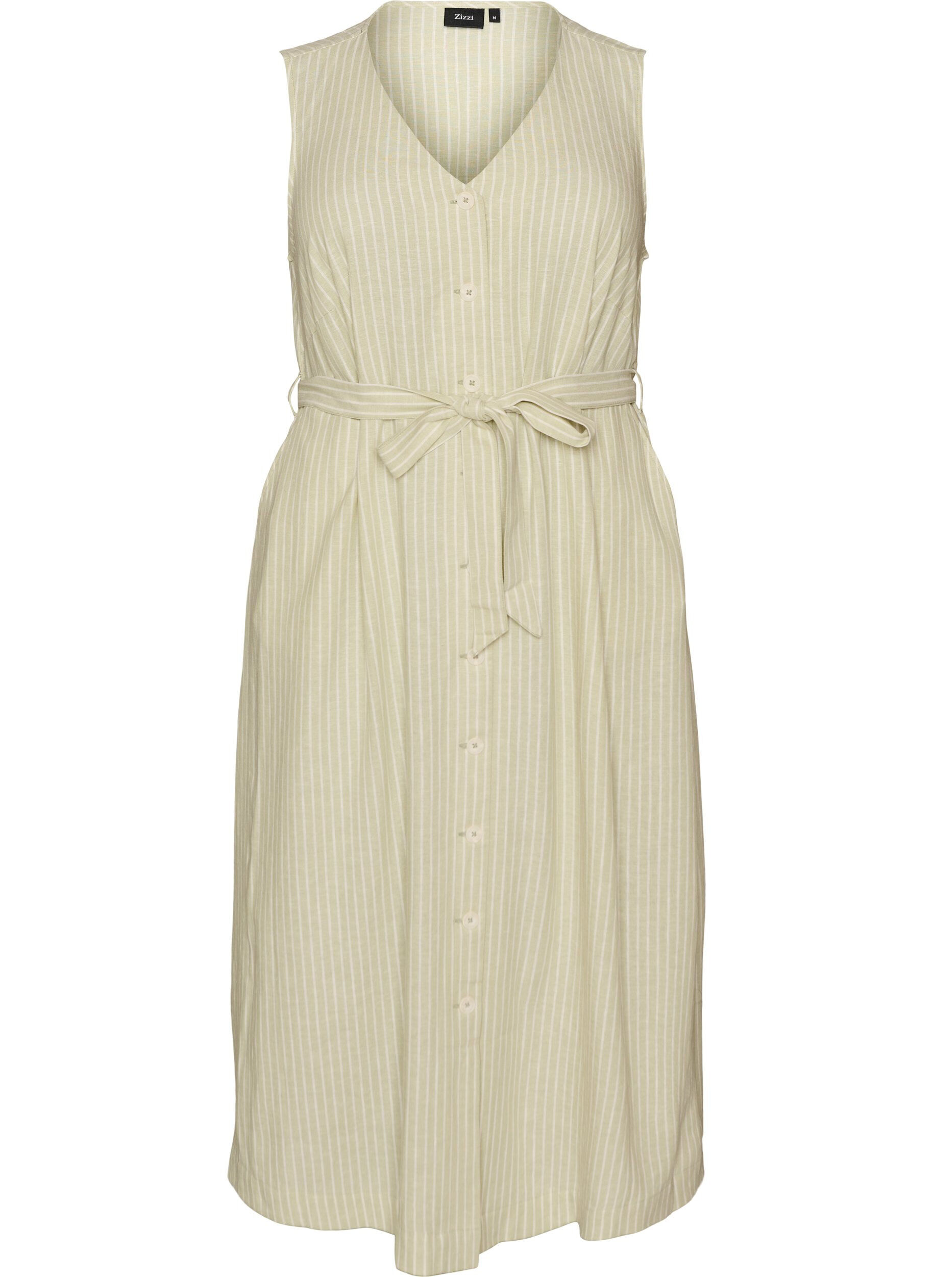 Robe midi sans manches &agrave; rayures en lin et viscose