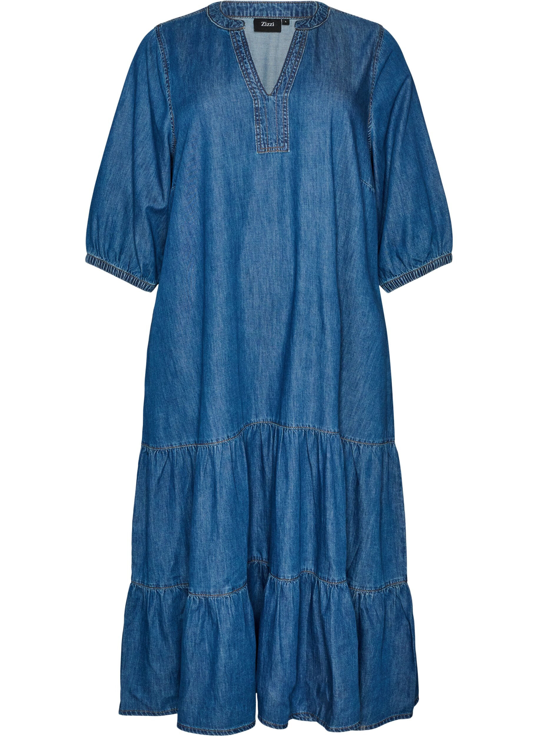 Robe longue en jean avec volants &eacute;tag&eacute;s