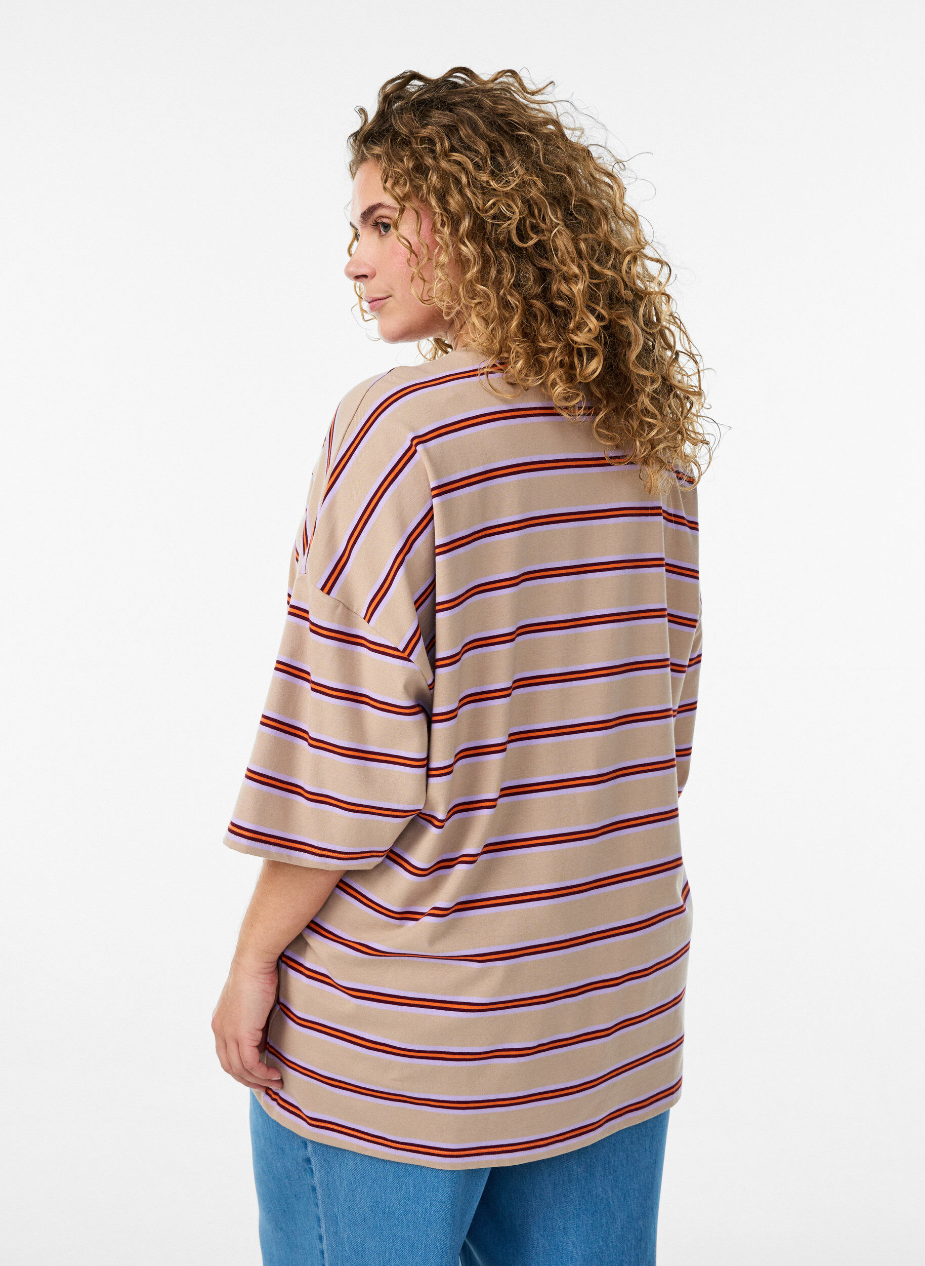 ZizziT-shirt oversize &agrave; rayures et manches 1/2, Beige, Model image number 2