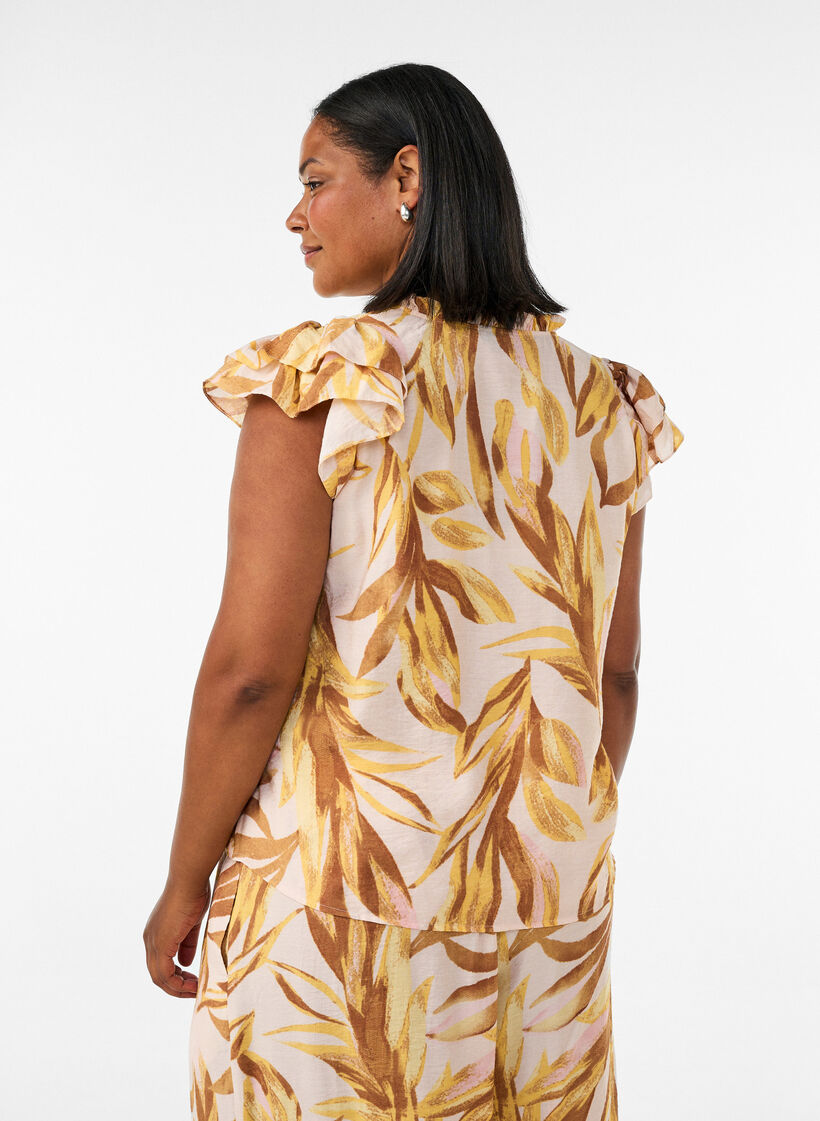 Blouse en viscose &agrave; imprim&eacute; feuillage avec volants, Jaune, Model image number 2