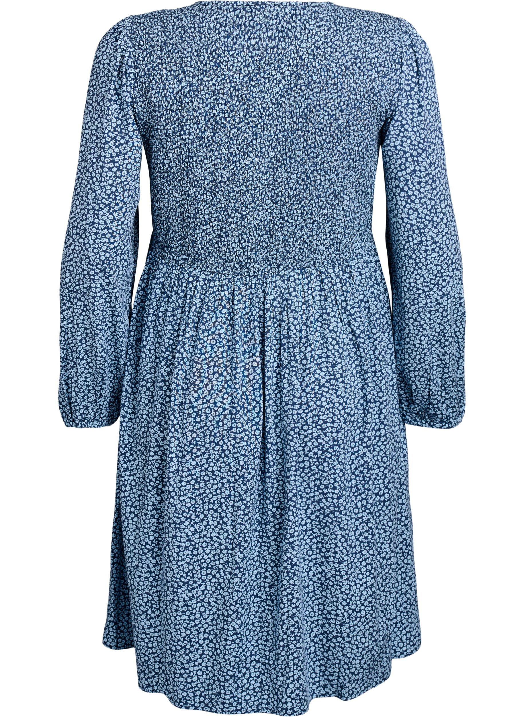 ZizziRobe avec haut smock&eacute; et imprim&eacute; &agrave; petites fleurs, Bleu, Packshot image number 1