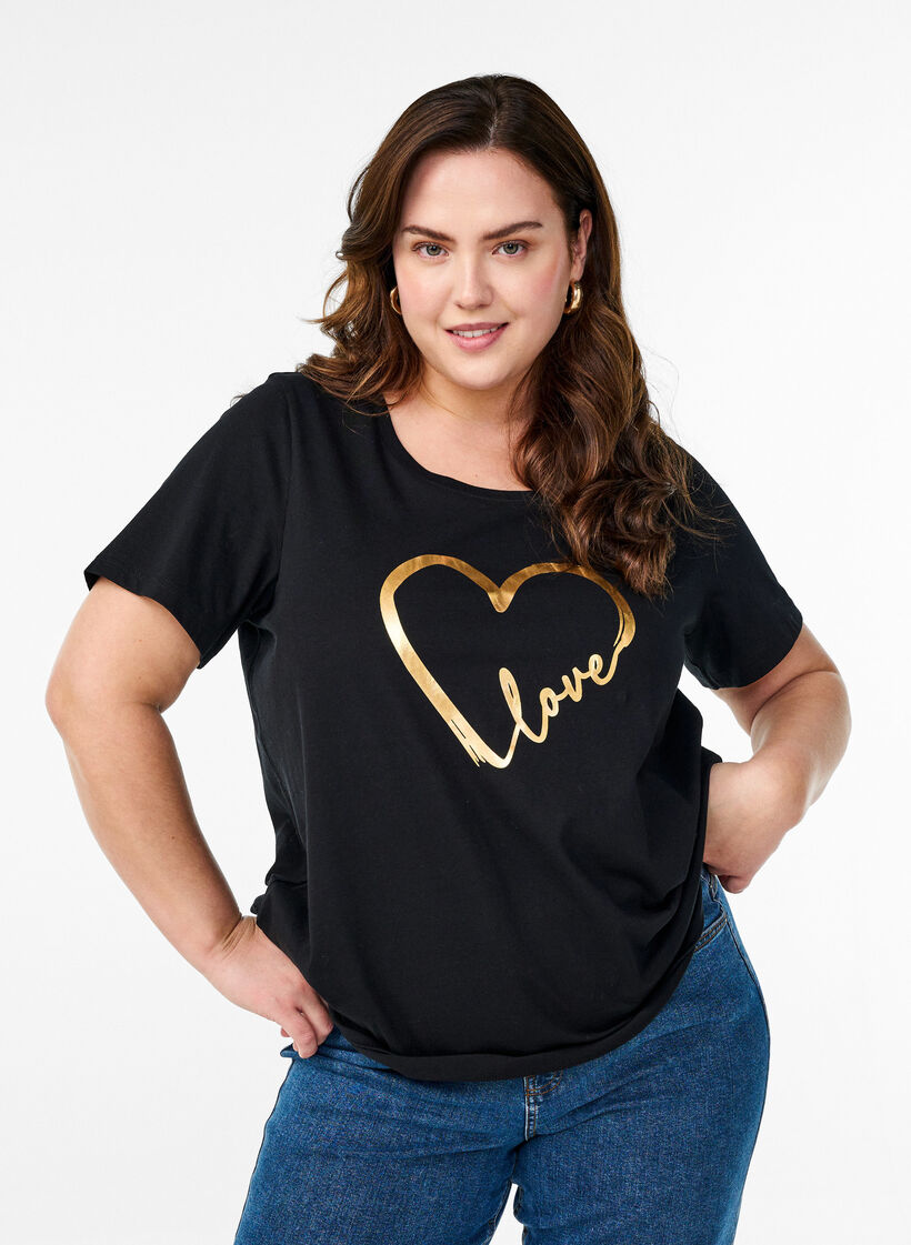 T-shirt en coton avec motif, Black w. Gold Love, Model image number 0