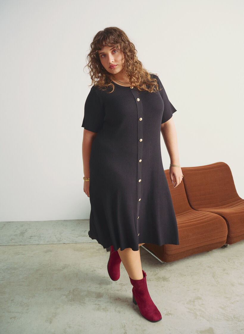 Robe c&ocirc;tel&eacute;e avec boutons d&eacute;coratifs et manches courtes, Noir, Image