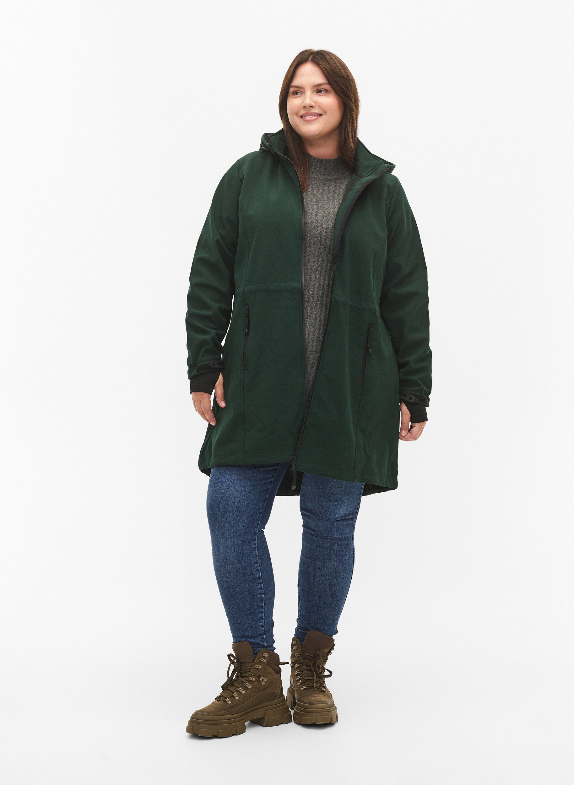 Zizzi Veste softshell avec capuche amovible, Vert fonc&eacute;, Model image number 1