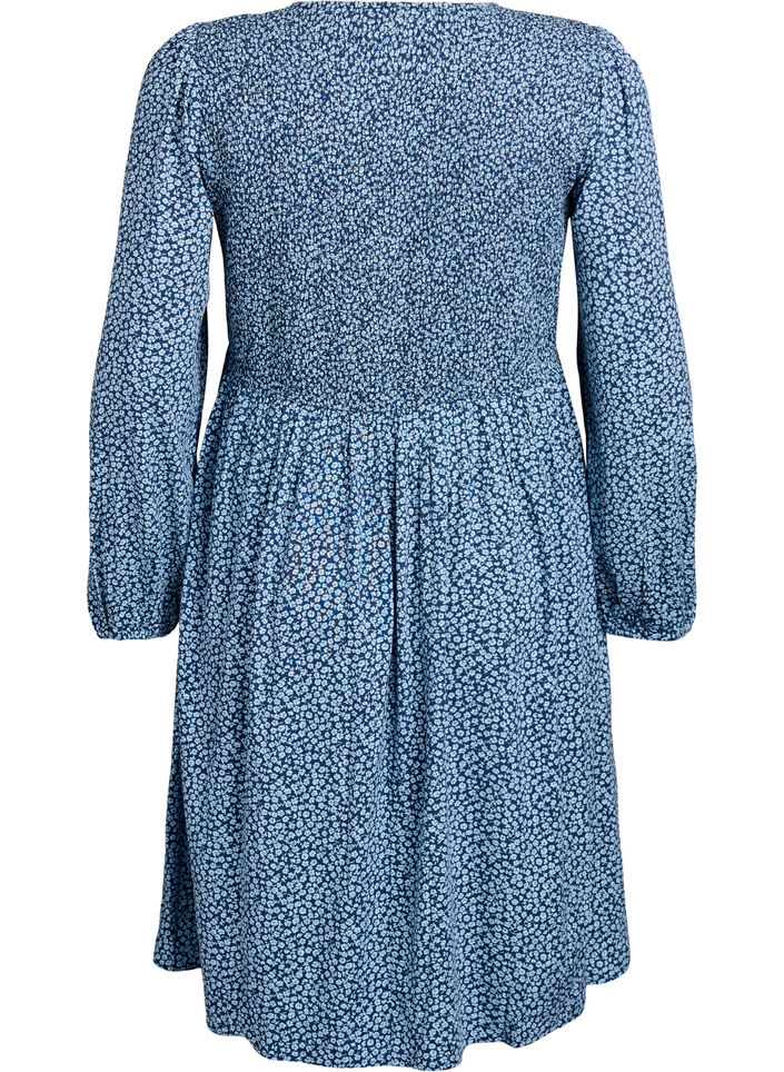Robe avec haut smocké et imprimé à petites fleurs, Bleu, Packshot image number 1