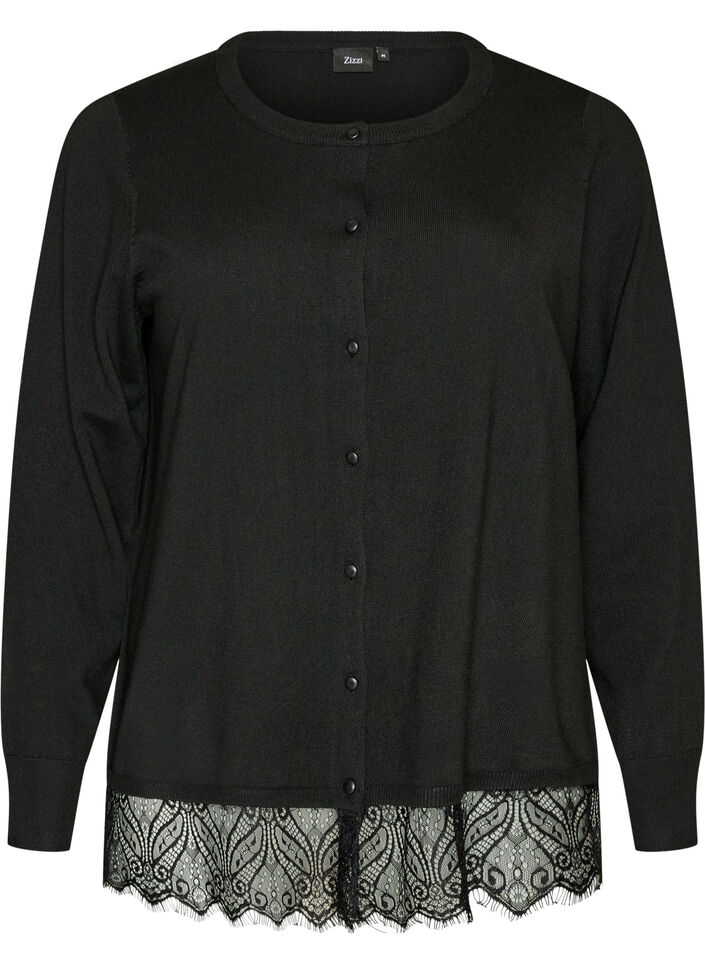 Cardigan avec large ourlet en dentelle, Noir, Packshot image number 0