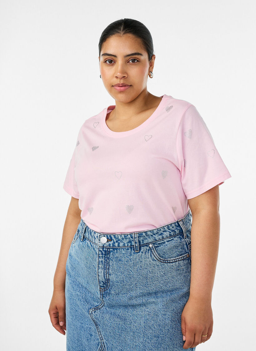 T-shirt en coton bio avec des c&oelig;urs, Rose, Model image number 0