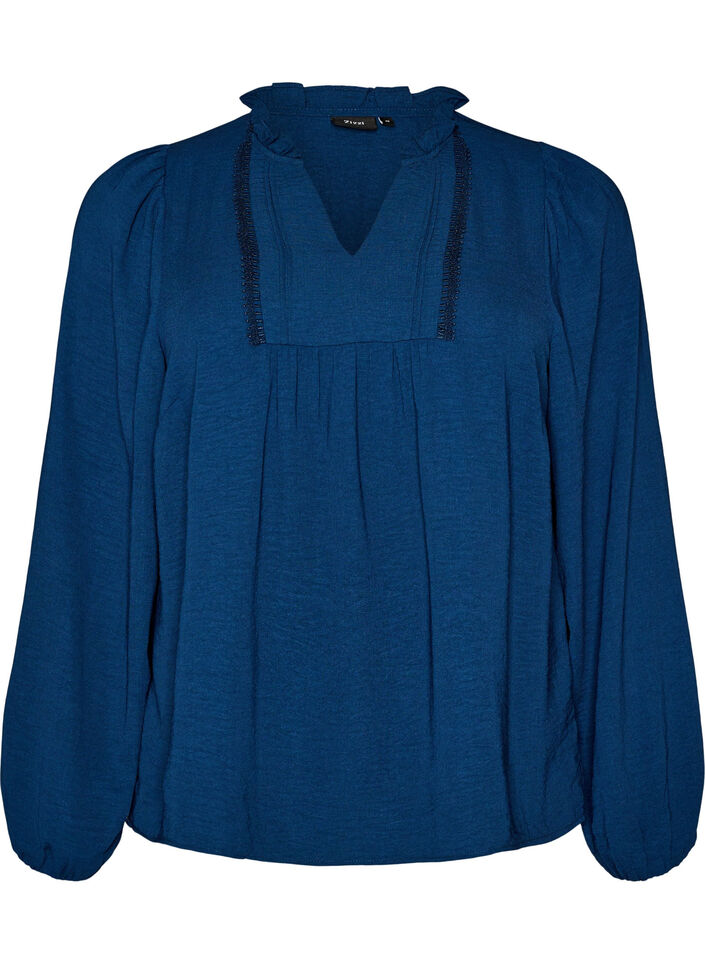 Blouse avec col en V et bande en crochet, Bleu, Packshot image number 0