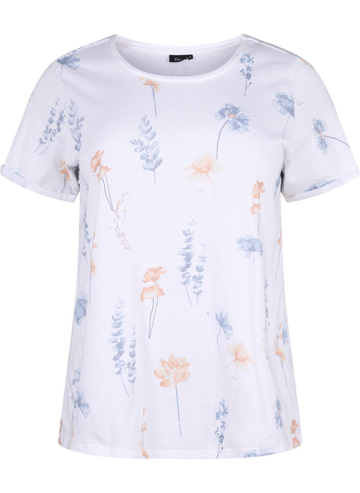 T-shirt en coton biologique avec imprimé floral, White W. Blue flower, Packshot image number 0