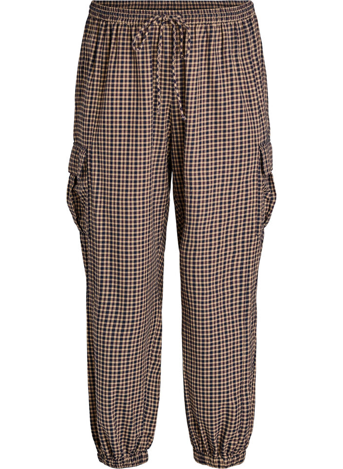 Pantalon cargo en coton &agrave; carreaux, Marron, Packshot
