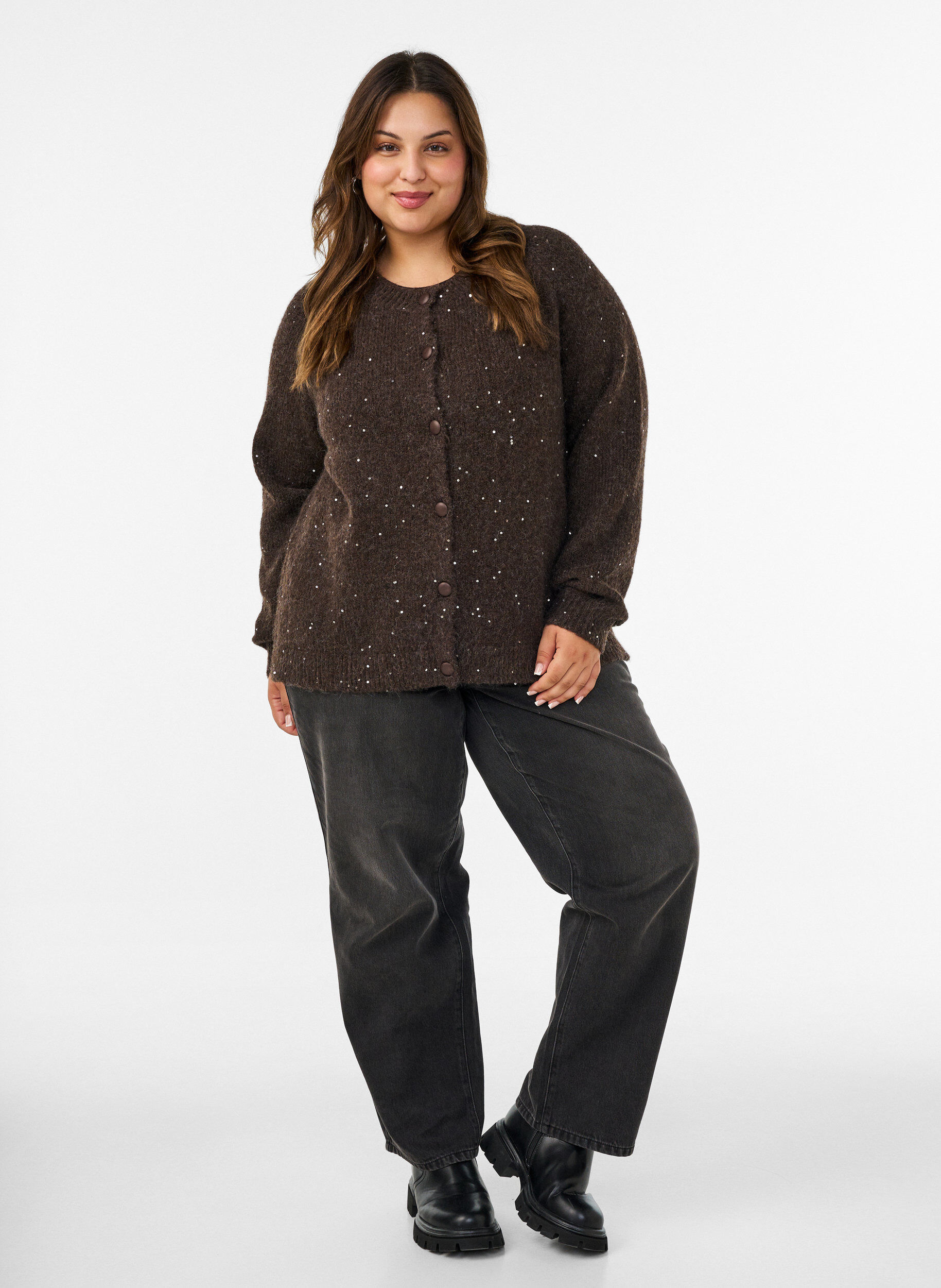 ZizziCardigan avec sequins et boutons, Marron, Model image number 1