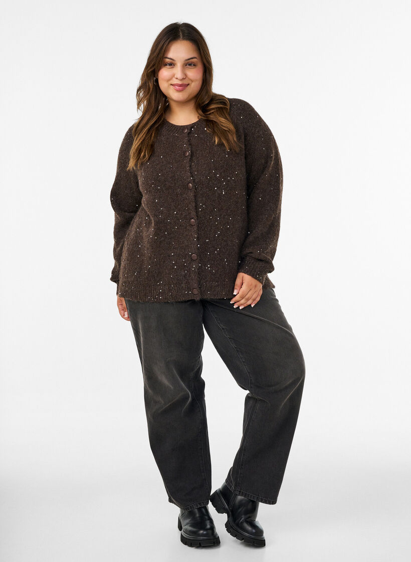 Cardigan avec sequins et boutons, Marron, Model image number 1