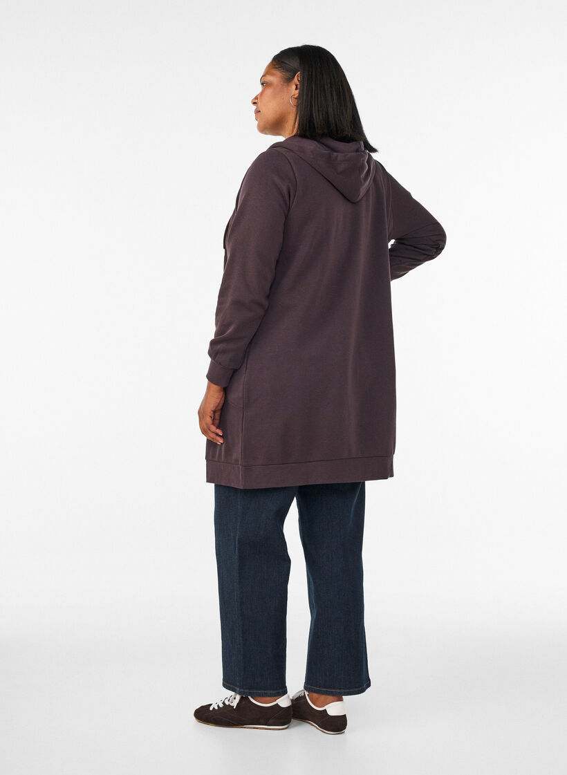 Sweat &agrave; capuche long avec zip et poches, Marron, Model image number 2