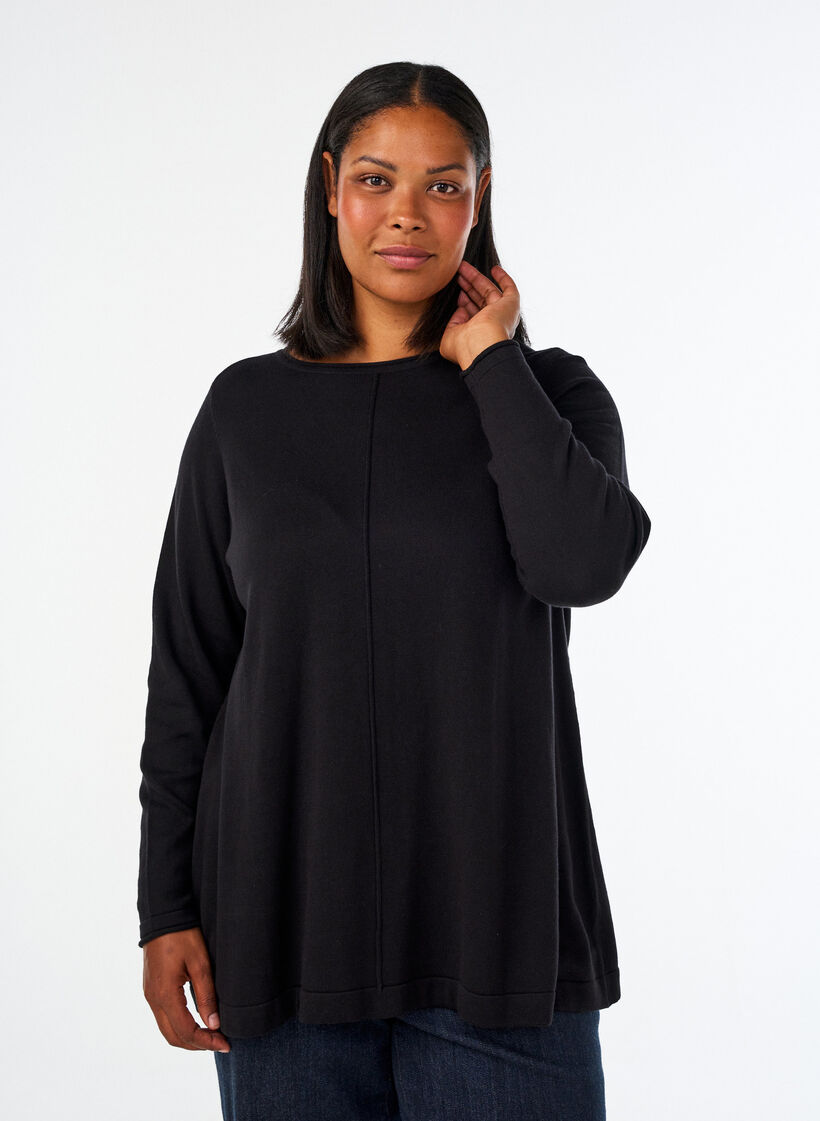 Blouse tricot&eacute;e en m&eacute;lange coton-viscose, Noir, Model image number 0