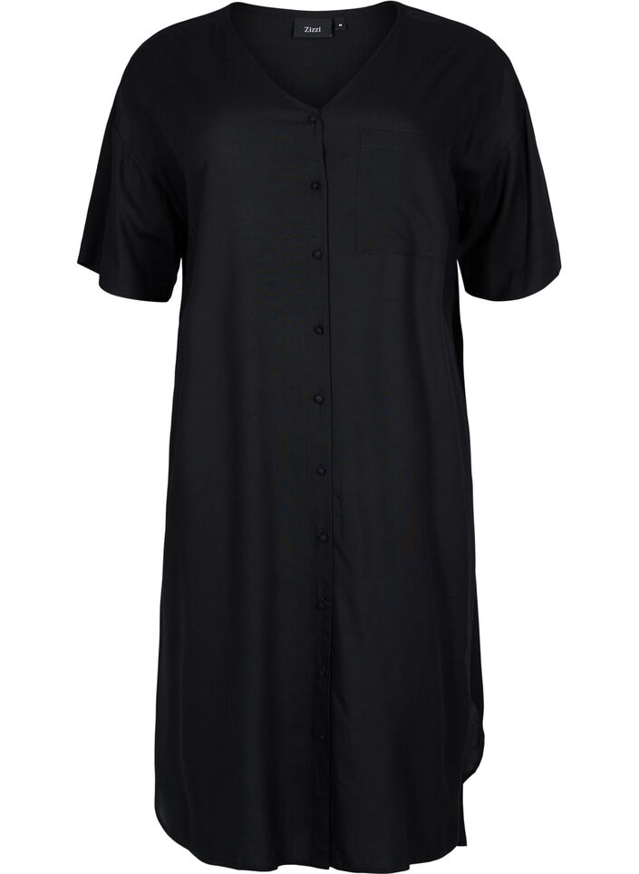 Robe chemise à manches courtes en viscose, Black, Packshot image number 0