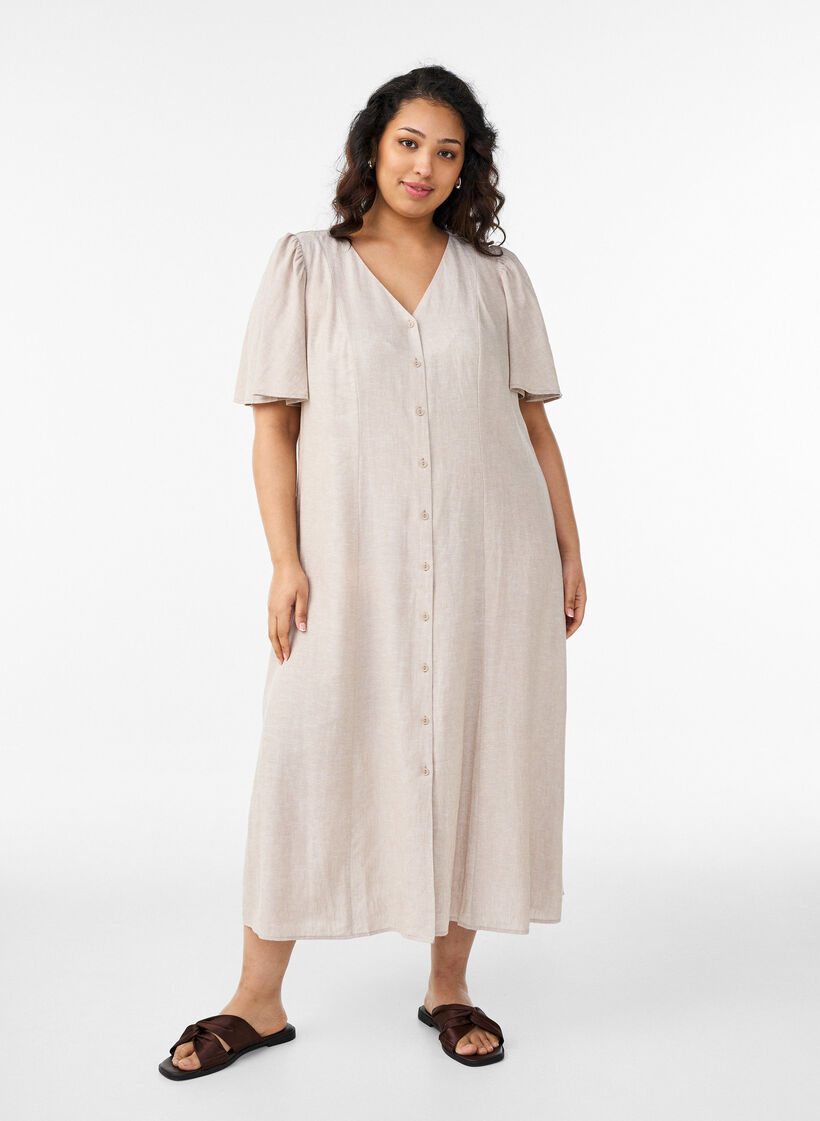 Robe midi en lin et viscose avec manches &agrave; volants, Beige, Model image number 0