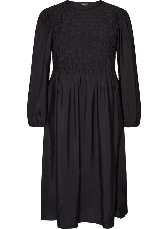 Robe midi en viscose avec smocks, Noir, Packshot image number 0