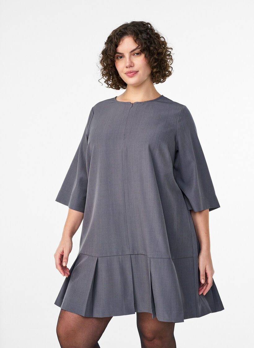 Robe courte à coupe évasée avec fermeture éclair et manches 3/4, Gris, Model image number 0
