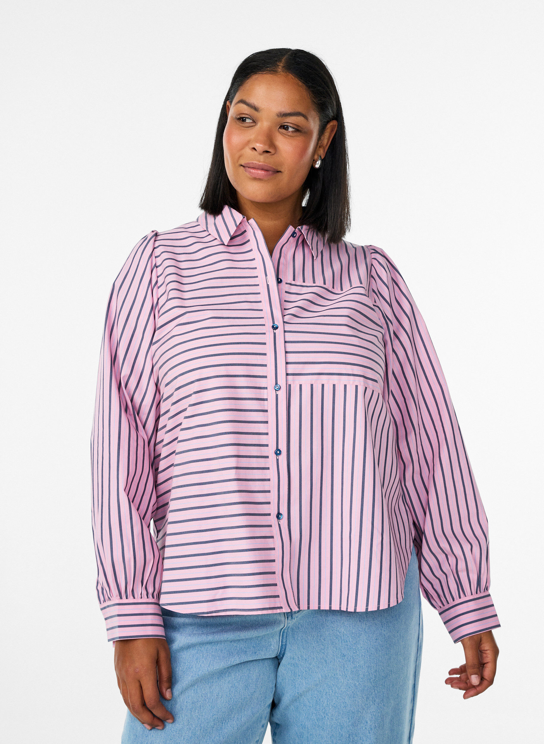 Chemise &agrave; rayures avec col classique et manches longues, Rose, Model