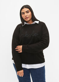 Chemisier en tricot avec texte brodé, Black/Black, Model