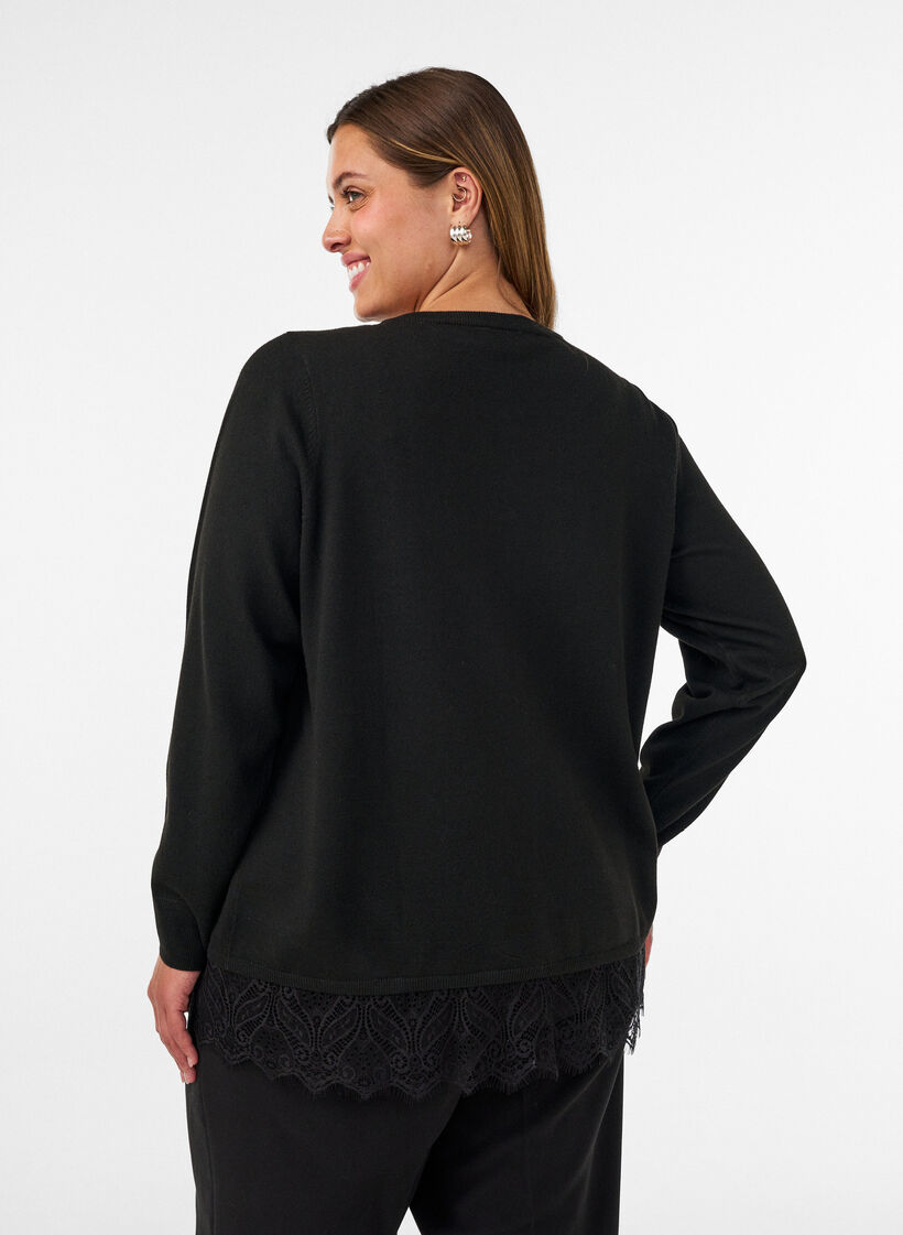 Cardigan avec large ourlet en dentelle, Noir, Model image number 2
