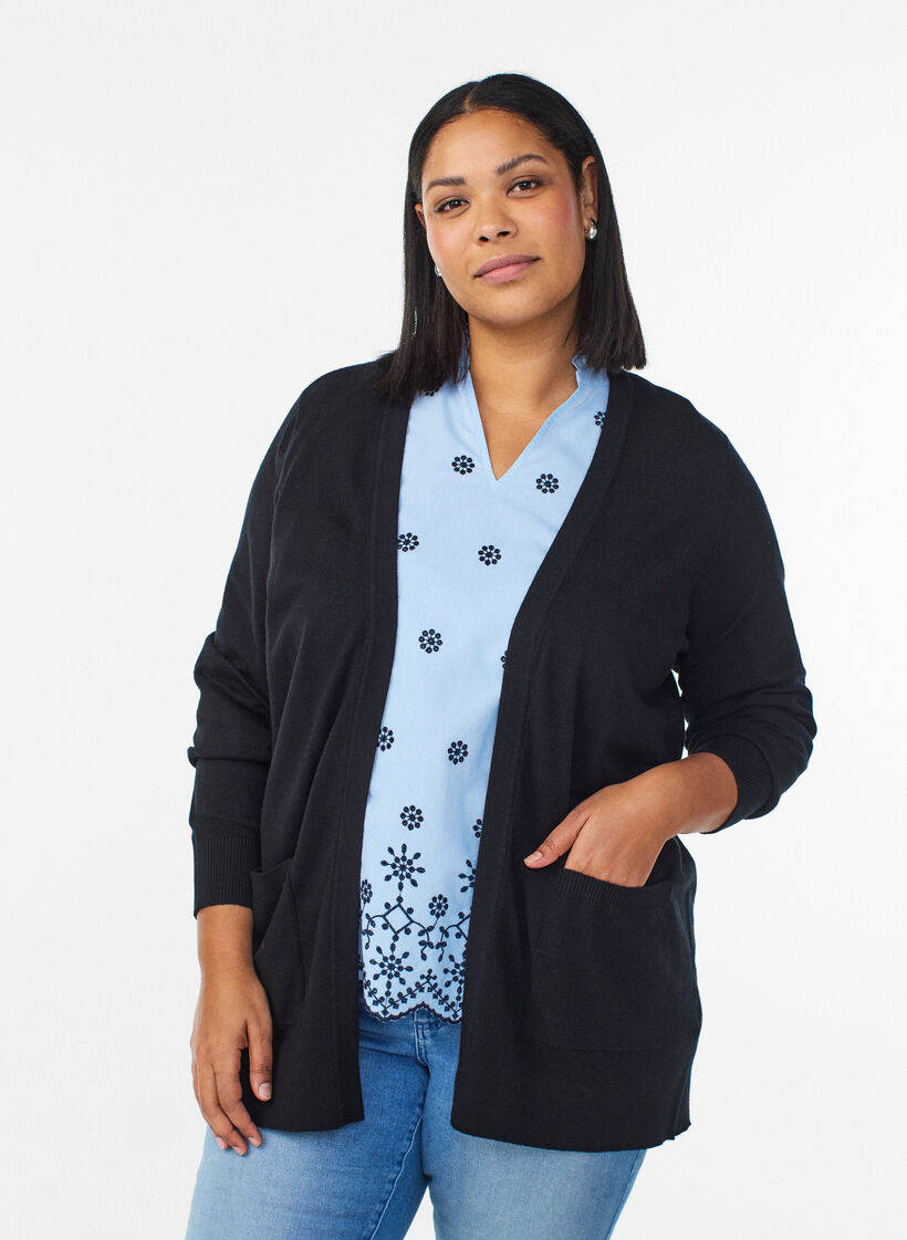 Cardigan long en maille ouvert avec poches, Noir, Model image number 0