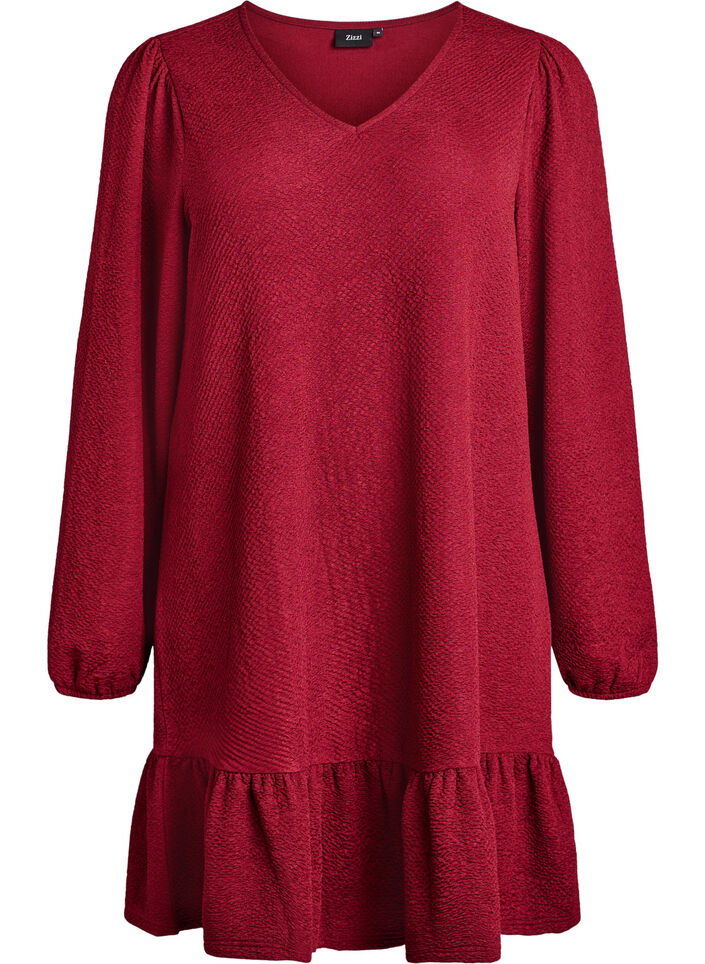 Robe courte texturée avec un ourlet à volants, Bordeaux foncé, Packshot image number 0
