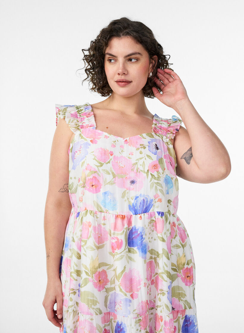 Robe longue fleurie en lyocell avec volants, Blanc, Model image number 2