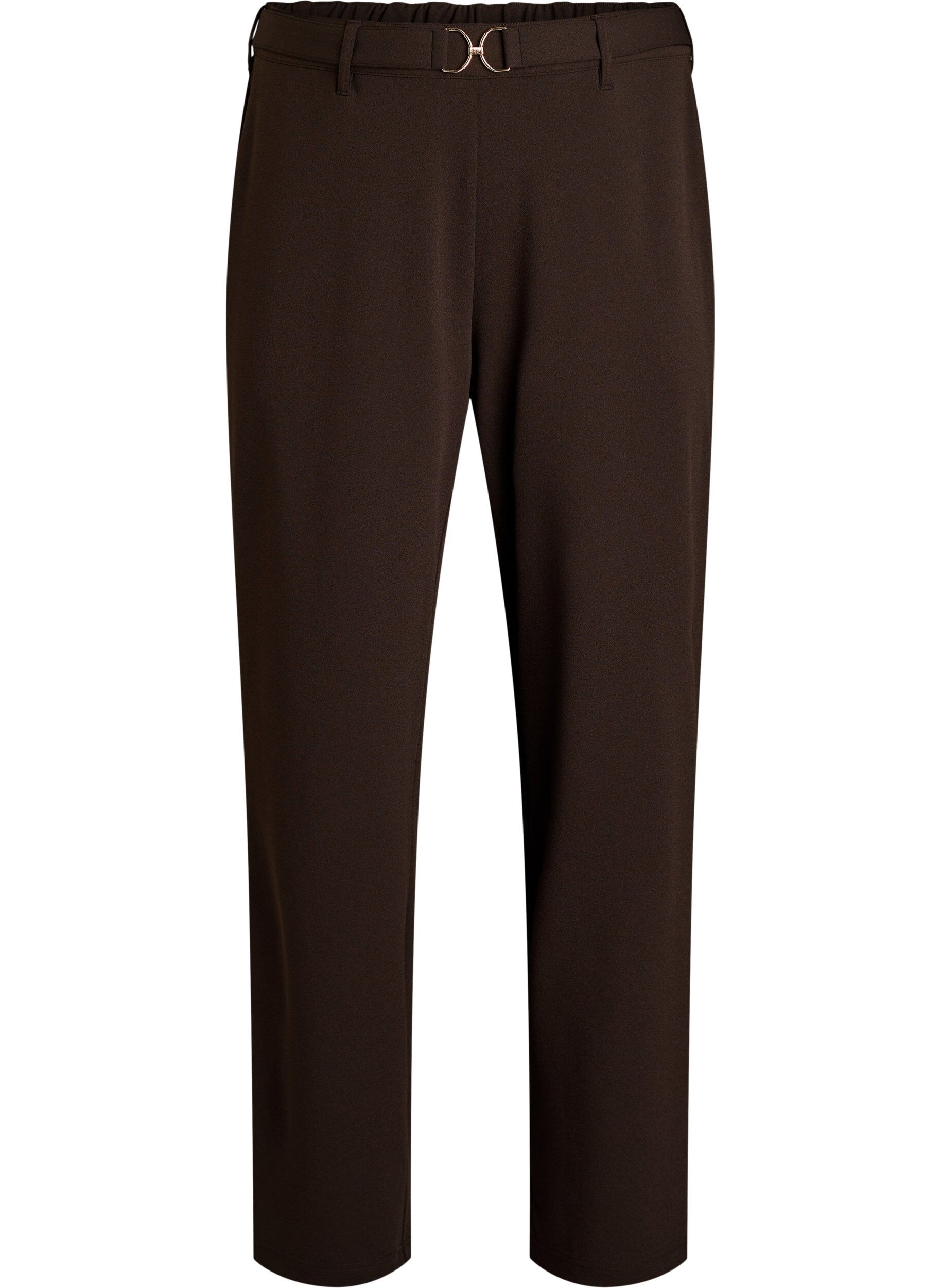 Zizzi Pantalon taille haute avec ceinture et boucle dor&eacute;e, Marron, Packshot image number 0
