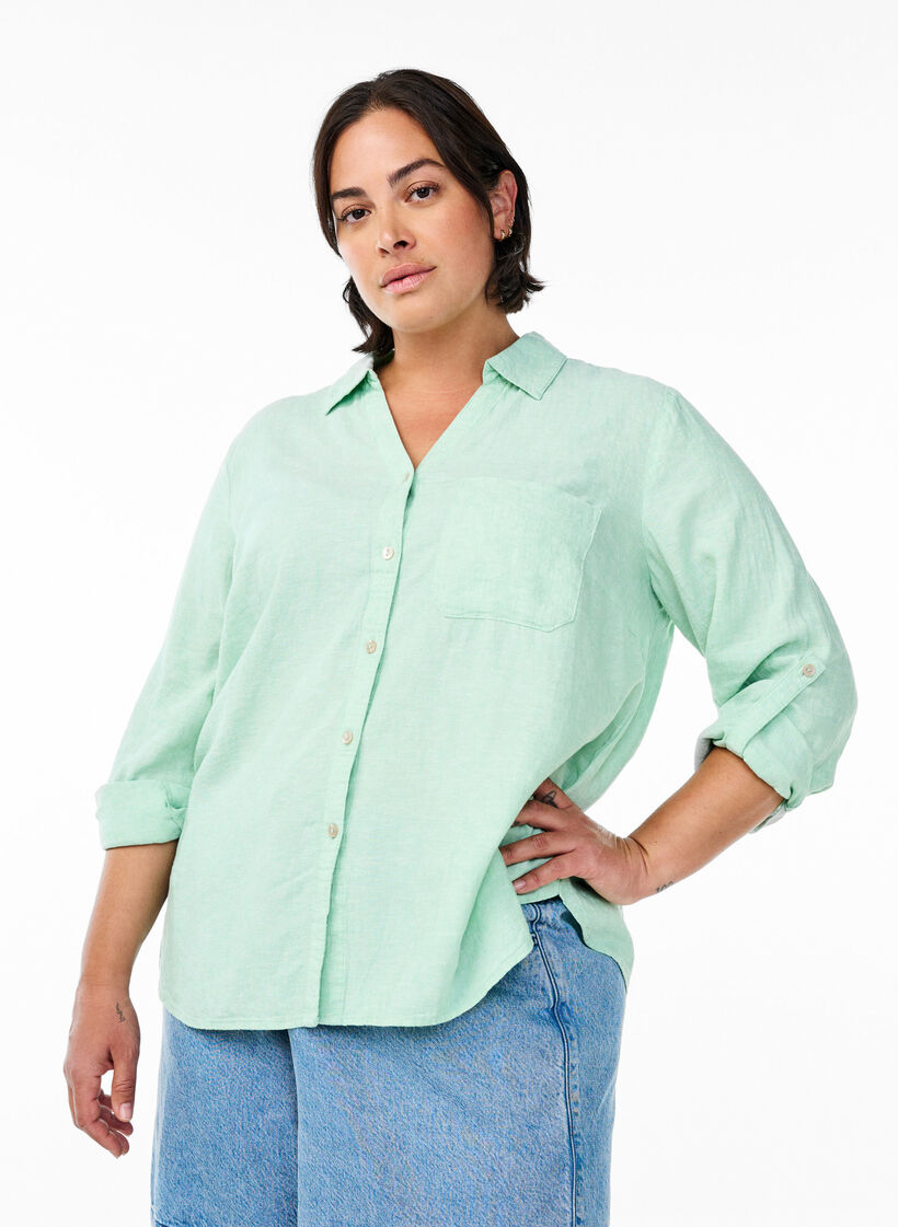 Chemise en lin et viscose avec manches 3/4, Vert clair, Model image number 0