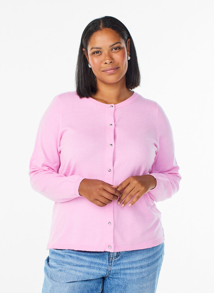 Cardigan &agrave; boutons ronds, Rose, Model image number 0