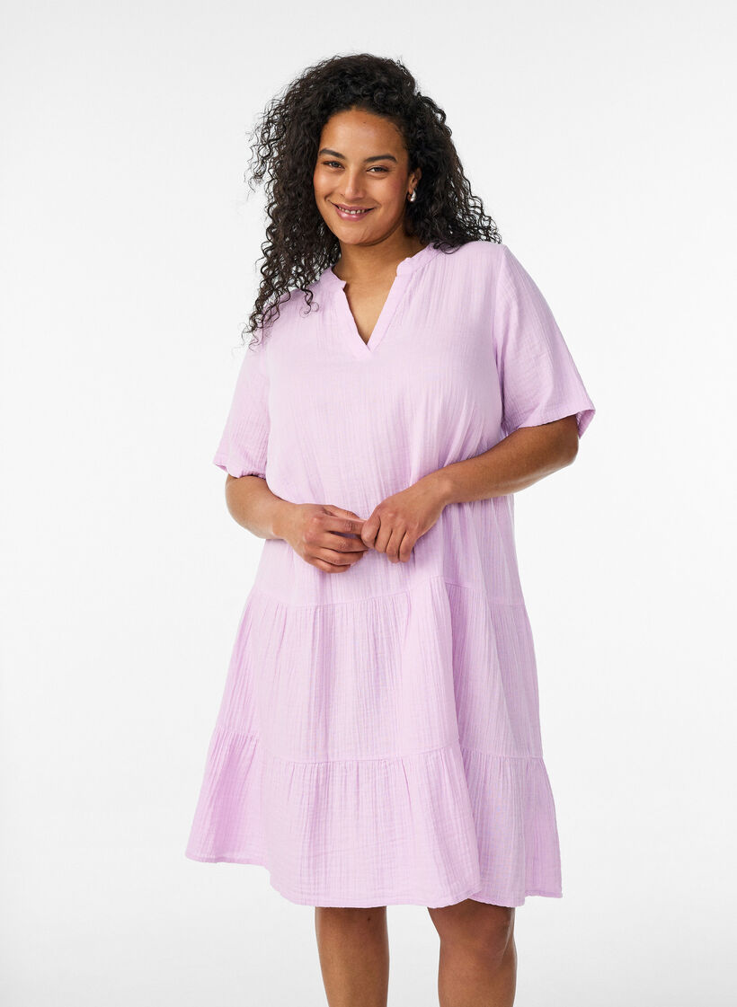 Robe courte &eacute;vas&eacute;e en mousseline de coton, Mauve, Model image number 0