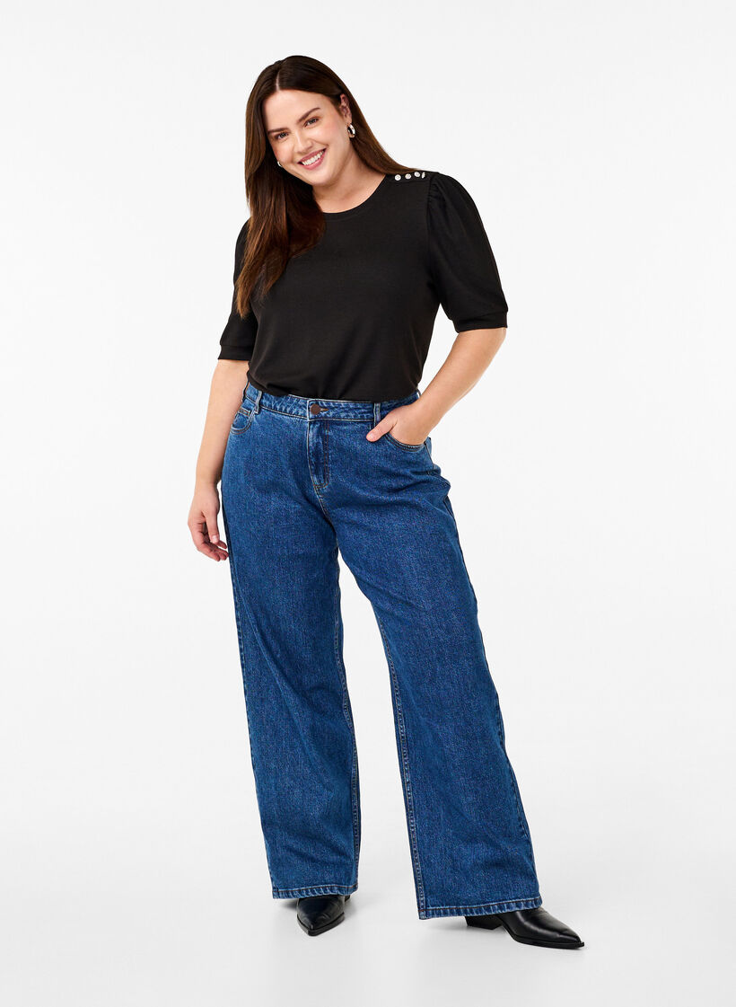 Chemisier avec détails boutons et manches courtes bouffantes, Noir, Model image number 1