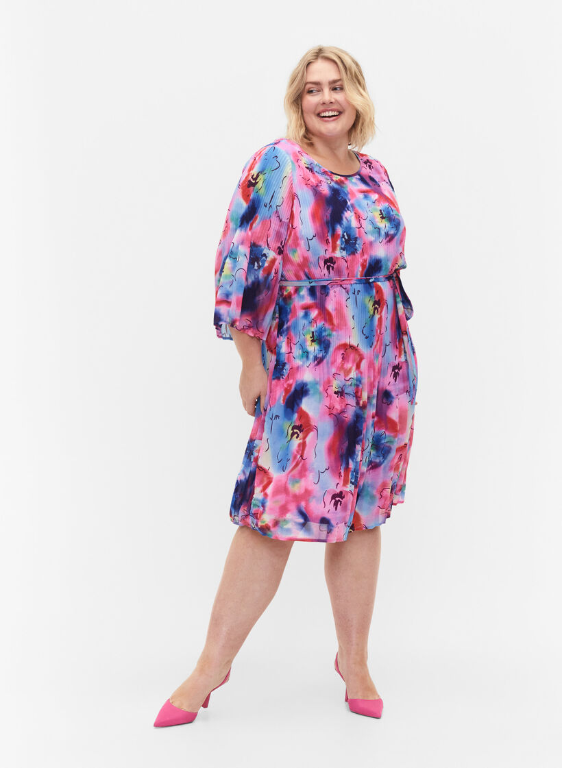 Robe plissée imprimée avec lien à nouer, Lavender Space AOP, Model image number 3