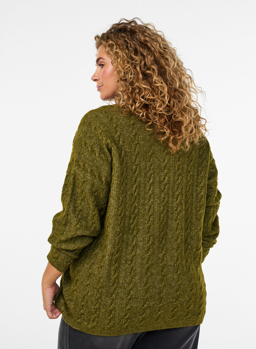 Blouse en maille torsad&eacute;e avec col en V, Vert, Model image number 2