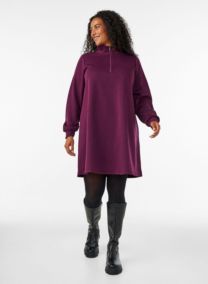 Robe sweat avec col montant c&ocirc;tel&eacute; et zip, Violet, Model image number 1