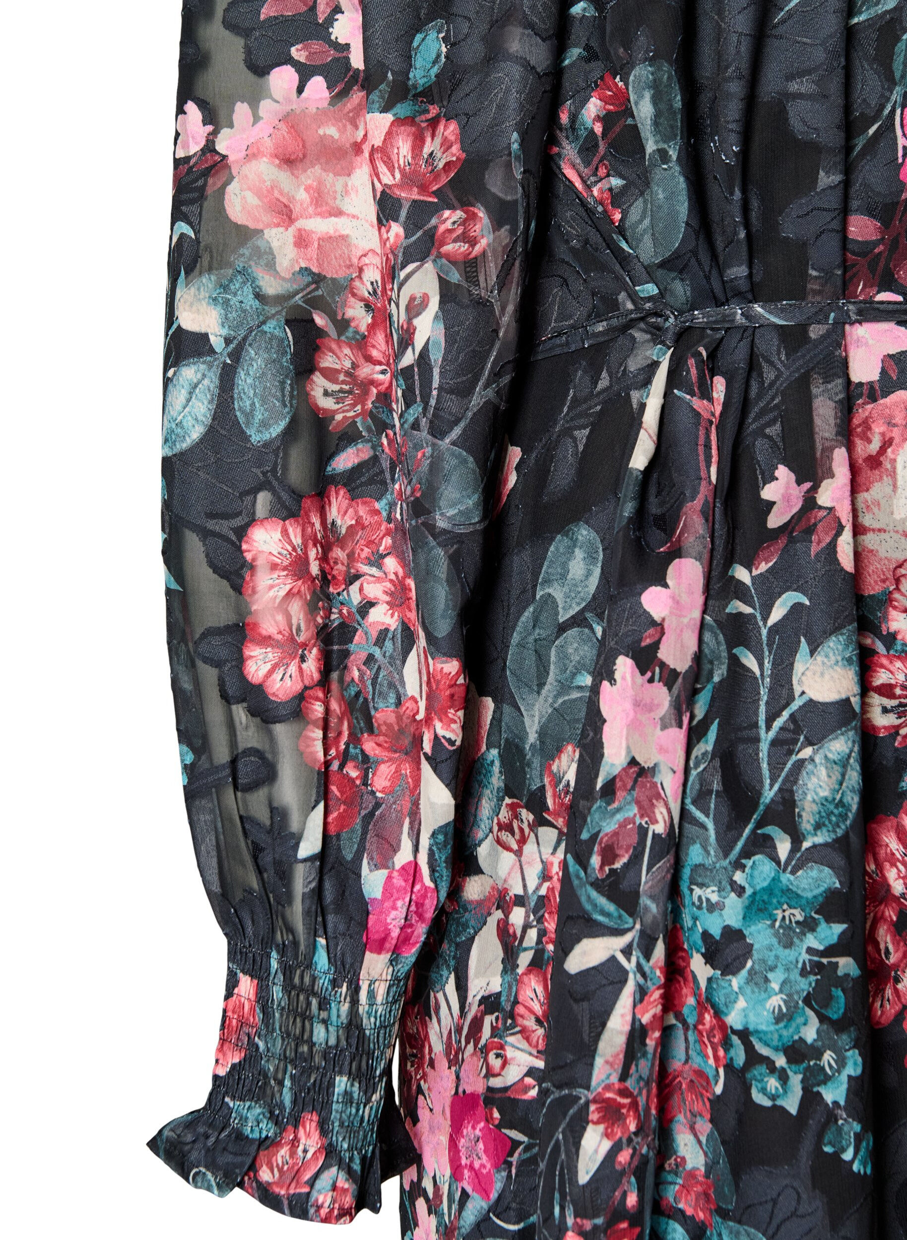 ZizziRobe midi fleurie &agrave; la texture tiss&eacute;e avec ceinture &agrave; nouer, Noir, Packshot image number 3