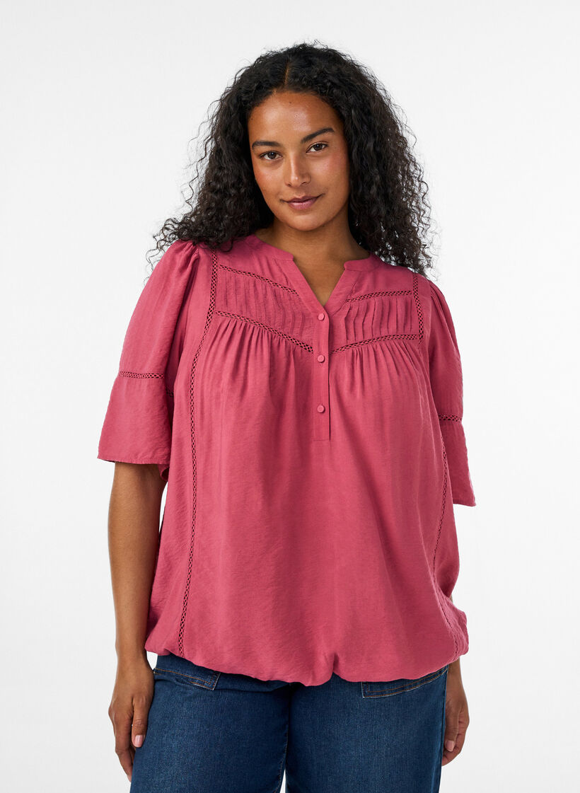 Blouse en viscose avec nervures et effet ballon, Rose, Model image number 0