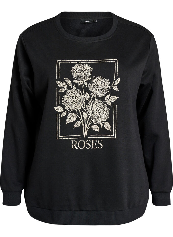 Sweatshirt avec imprim&eacute; roses et strass, Noir, Packshot image number 0