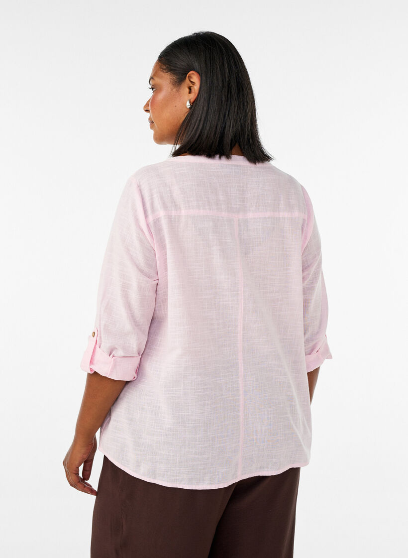 Chemisier en coton avec un col en V, Rose, Model image number 2