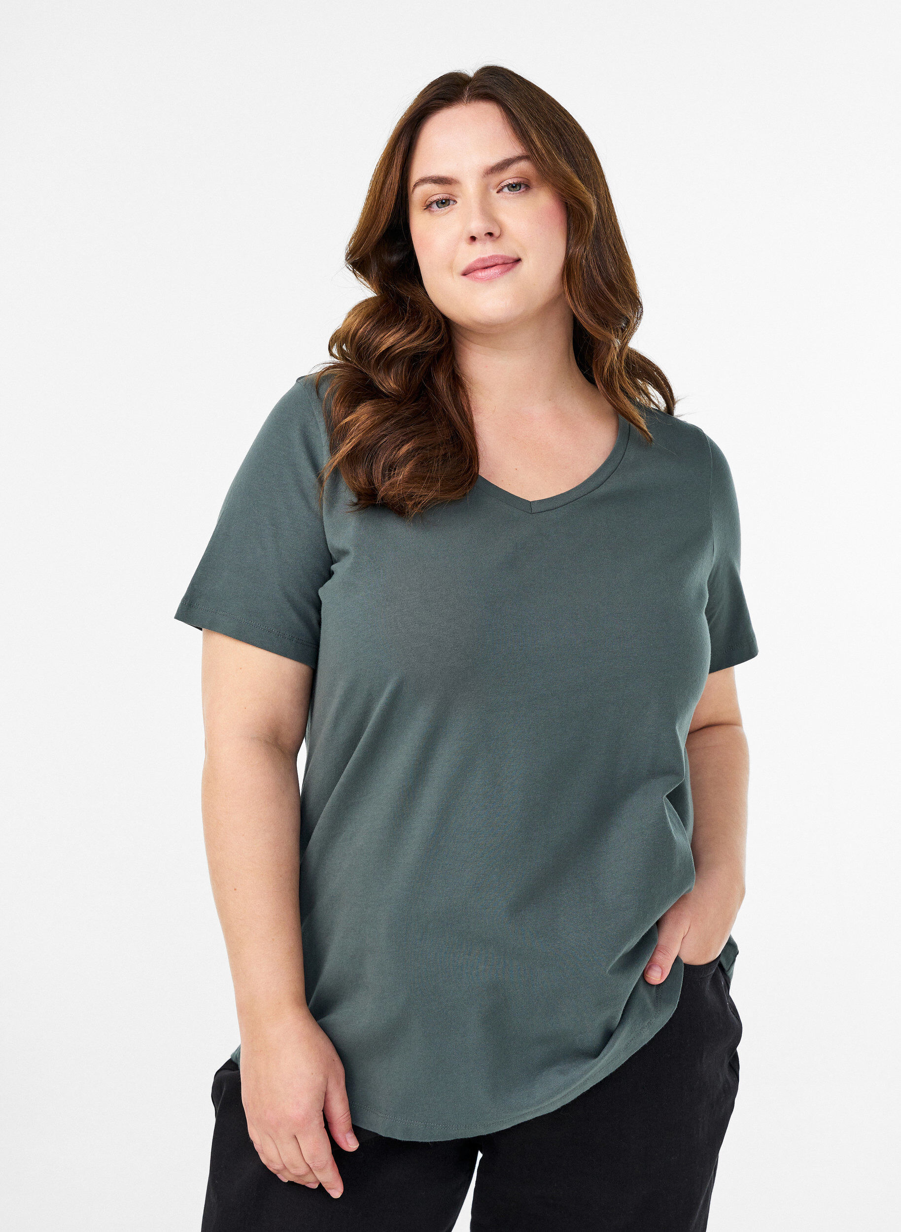 T-shirt en coton uni basique, Vert fonc&eacute;, Model