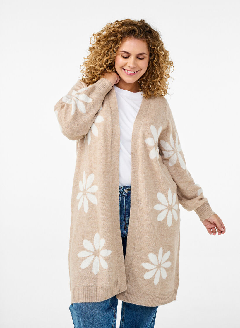 Cardigan long en maille avec des fleurs, Simply Taupe Comb, Model image number 0