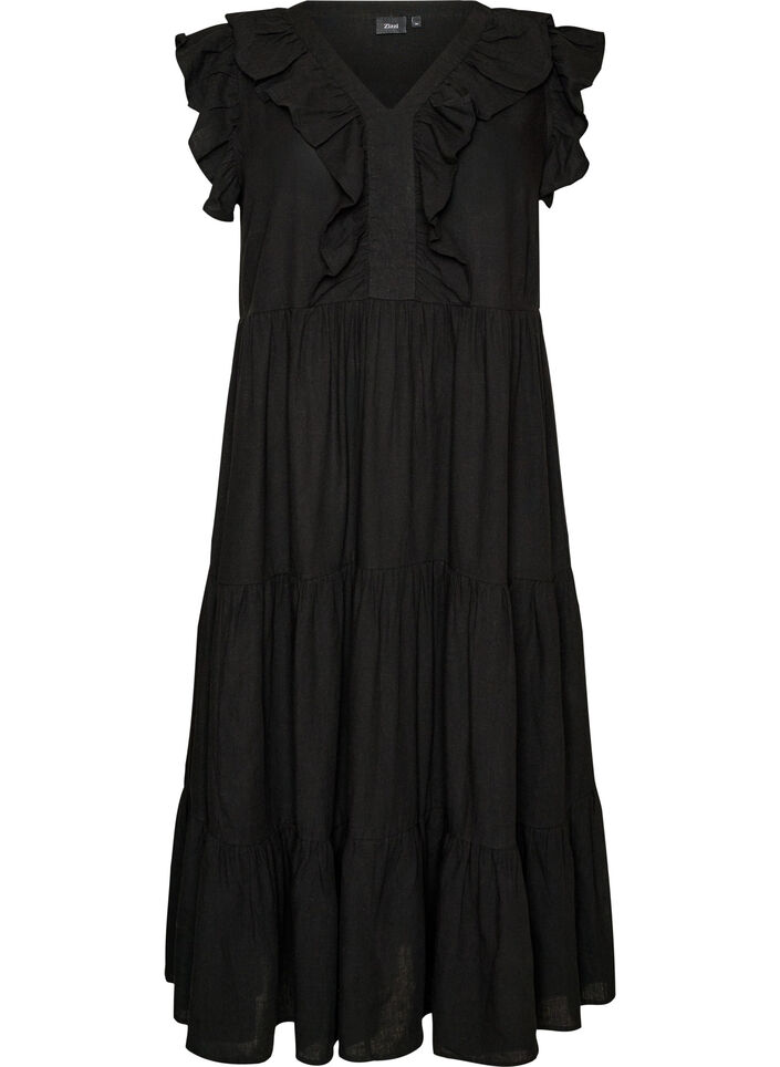 Robe midi sans manches en lin et viscose avec volants, Noir, Packshot image number 0