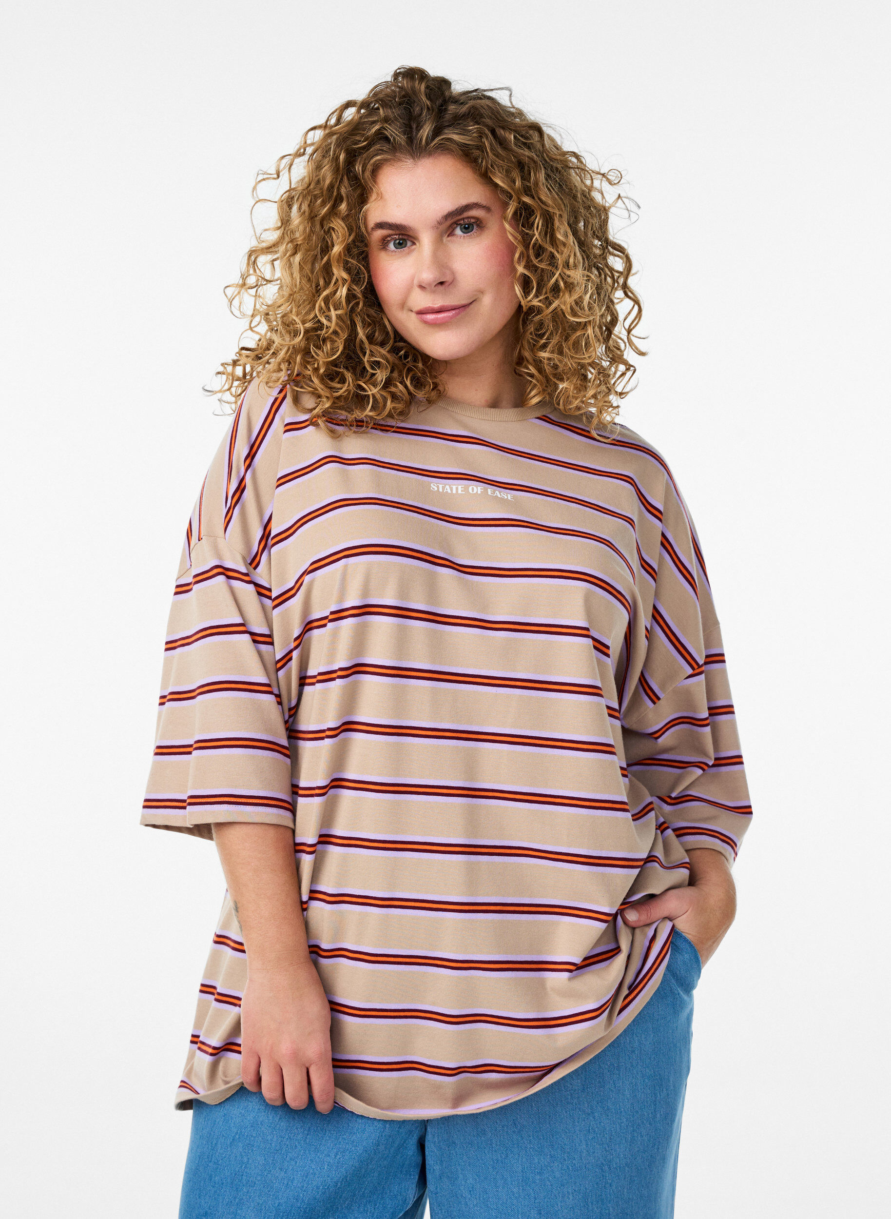 ZizziT-shirt oversize &agrave; rayures et manches 1/2, Beige, Model image number 0