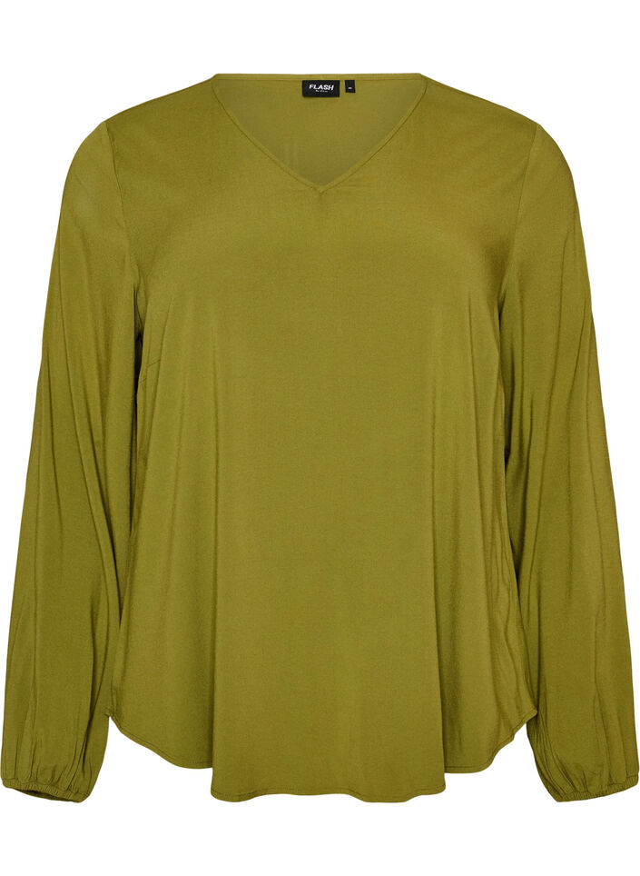 Blouse en viscose avec col en V et manches longues, Vert, Packshot image number 0