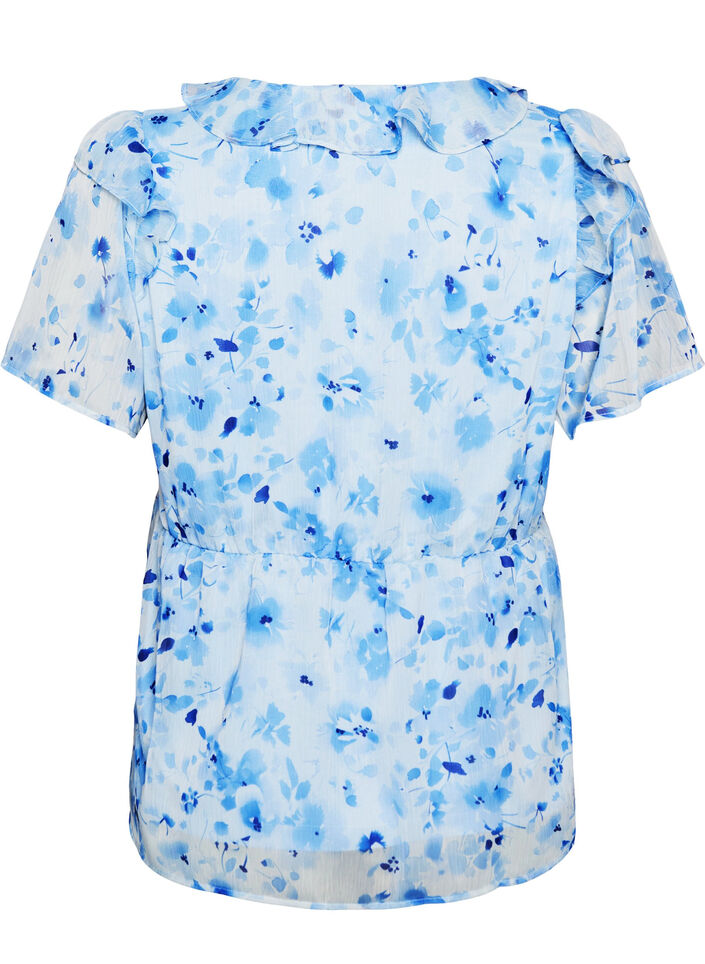 Blouse fleurie avec col &agrave; volants et effet peplum, Bleu, Packshot image number 1